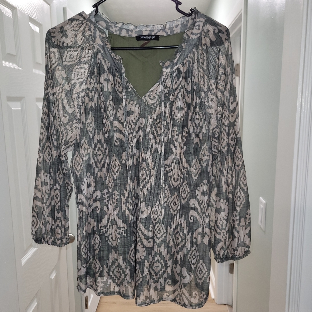 5/$20 Cable & Gauge Olive Green Aztec Print Sheer Sleeve Blouse